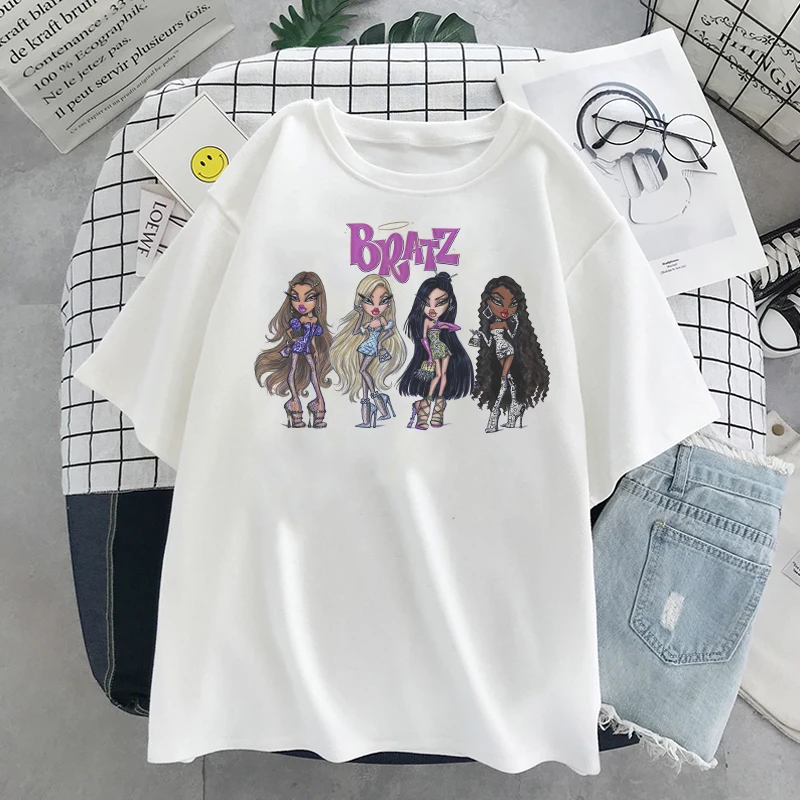 Camisetas femininas com letras Bratz, tops casuais, moda Harajuku, estampa de manga curta, streetwear gráfico Y2k, grandes dimensões, verão, novo