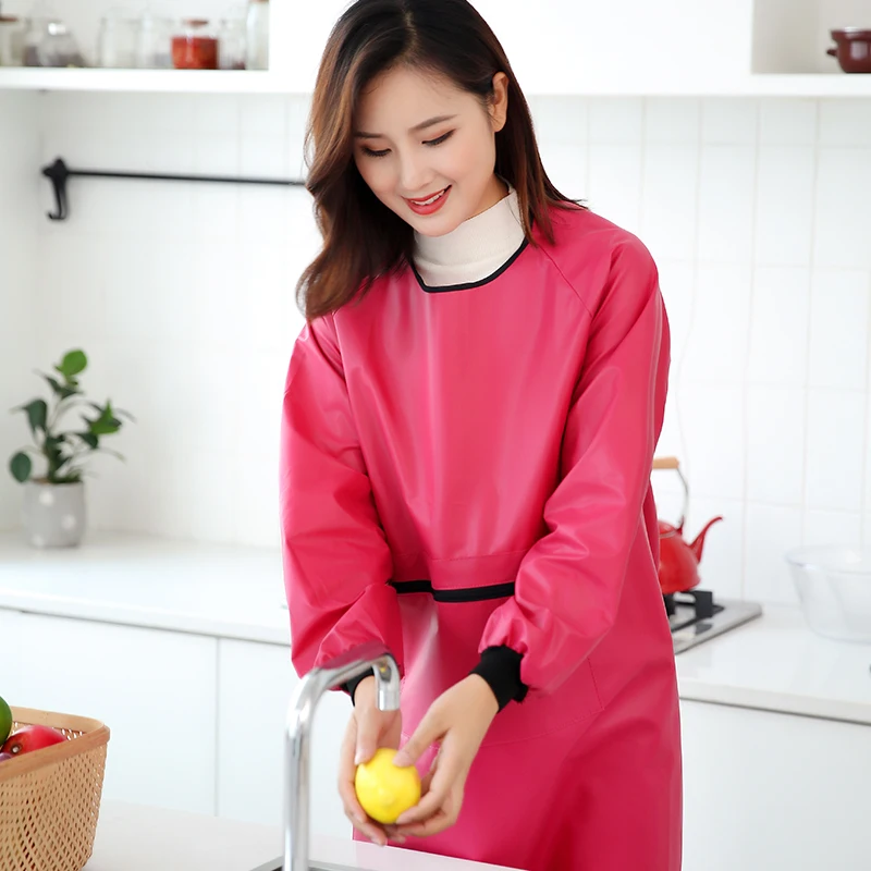 Fashion long-sleeved leather apron waterproof and oil-proof soft anti-wear inverted gown overalls for adults women's smock