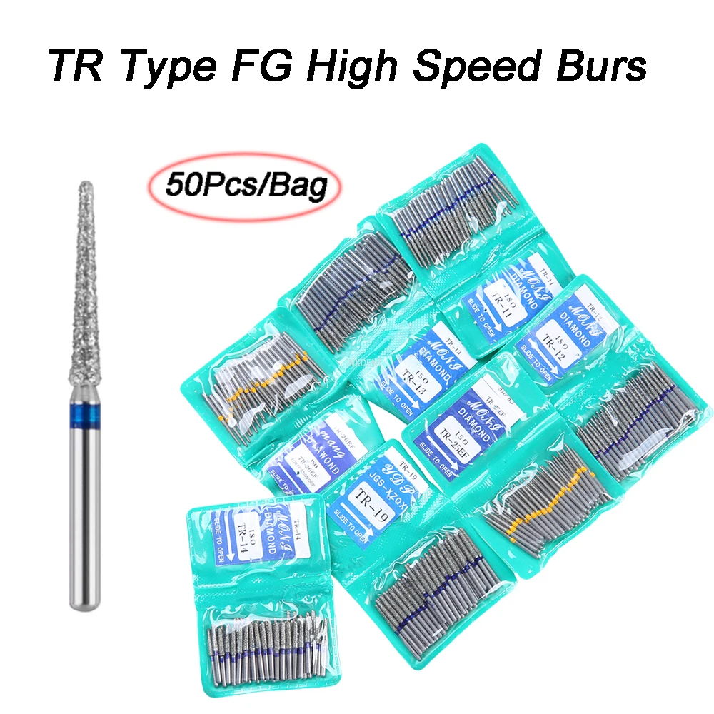 50pcs/pack durable 1.6mm Dental Diamond Burs FG High Speed Burs TR series Dental Drills for Polishing Smoothing tool