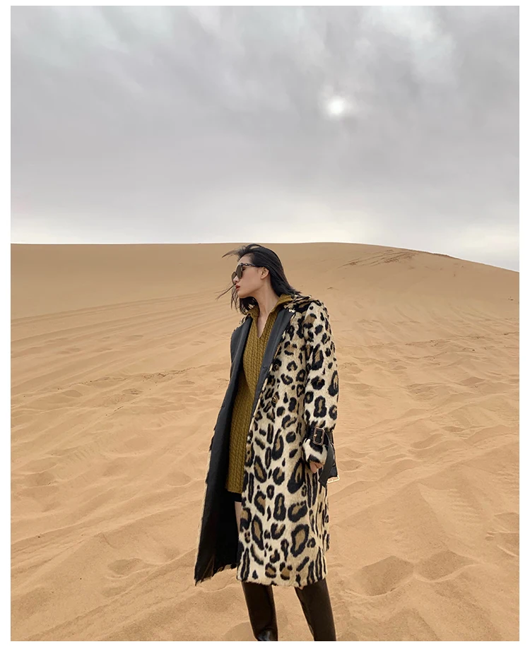 Lautaro Winter Long Leopard Print Warm Fluffy Faux Fur Trench Coat for Women Long Sleeve Double Breasted European Fashion 2021