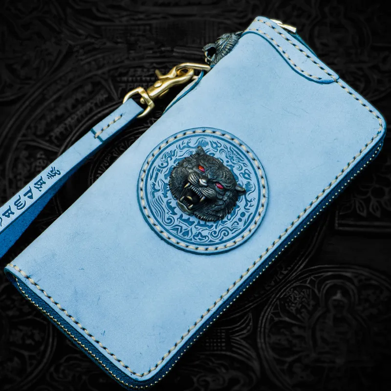 

Hand-made Long Tiger Head Wallets Purses Women Men Clutch Vegetable Tanned Leather Thin Wallet Card Holder Birthday Present