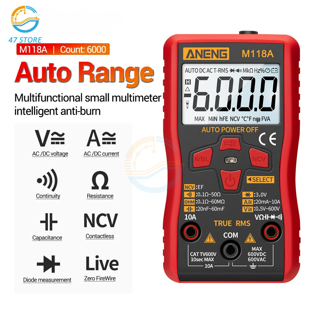 M118A Digital Multimeter AC/DC True RMS Volt Amp Ohm Voltage Resistance Universal Meter Testers Automatic Range LCD Backlight