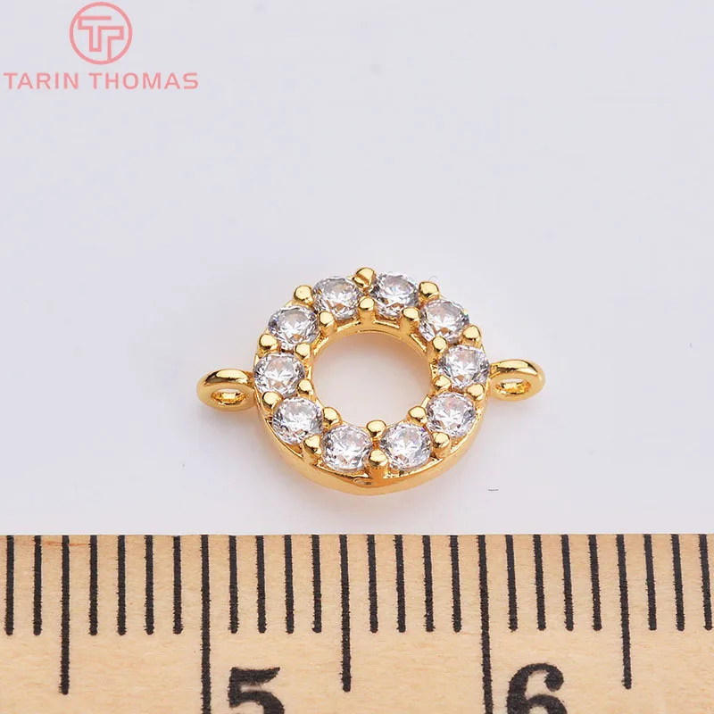 (1851)4PCS 24K 골드 컬러 도금 황동 지 르 콘 라운드 원형 2 구멍 커넥터 매력 펜 던 트 쥬얼리 액세서리