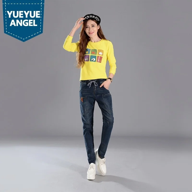 

New Fashion Loose Fit Womens Full Length Denim Pants Streetwear Korean Pockets Drawstring Waist Female Harem Trousers Plus Size