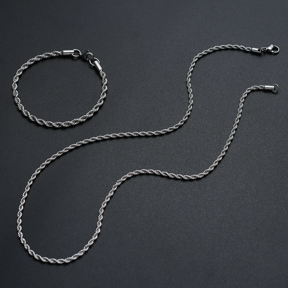 Cheap wholesale 316L stainless steel twist chain necklace & bracelet fashion jewelry set birthday party gifts for men and women