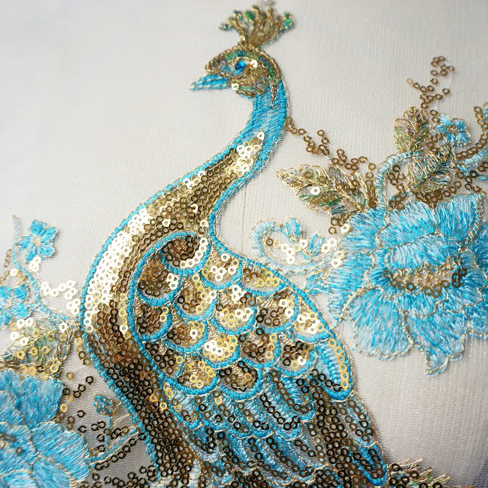 Sky Blue Sequin Embroidery Lace Peacock Applique Lace Fabric Trimming Sewing Patch Wedding Gown Dress DIY Crafts