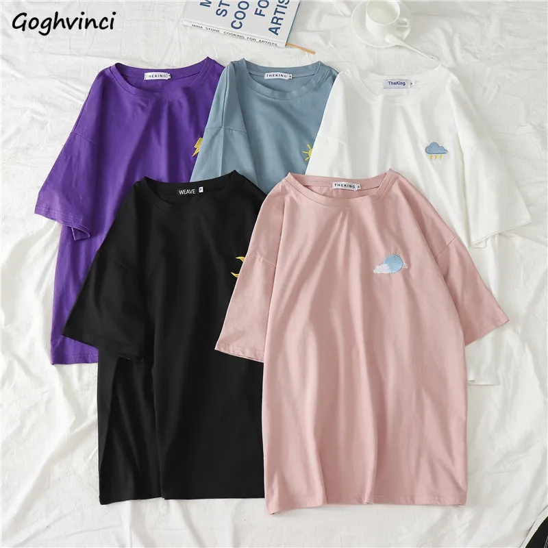 T-shirts Women Embroidery Printed Kawaii Pink Soft Short Sleeve Tshirt Womens Casual O-Neck Clothes Ulzzang Korean Trendy Top