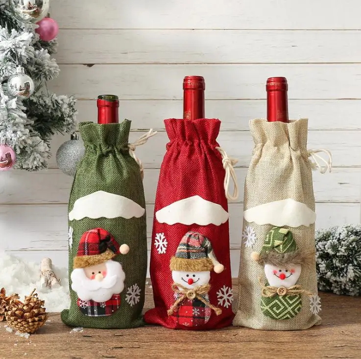 Creative Cartoon Christmas Gift Linen Wine Bottle Cover Bags Holder New Year Christmas Decorations SN3125