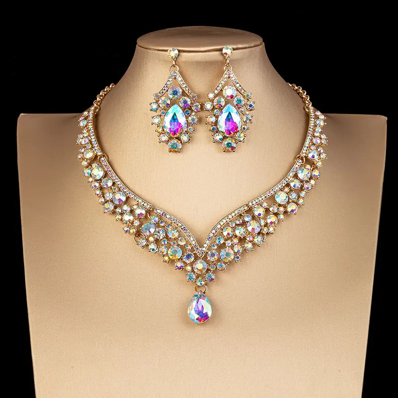 KMVEXO Fashion Crystal AB Necklace Earrings Set Rhinestone Bridal Jewelry Sets for Brides Wedding Party Costume Bijoux Femme