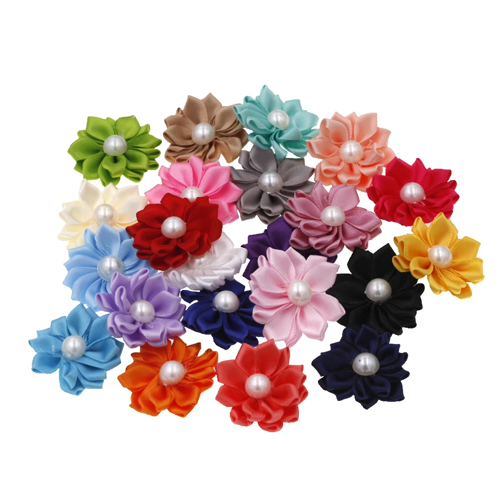 Mini cinta de satén para bebé, accesorio de flores para manualidades, perlas sin diadema, sin clips, accesorios para el cabello de boda y Navidad, 3,8 cm, 20 unids/lote