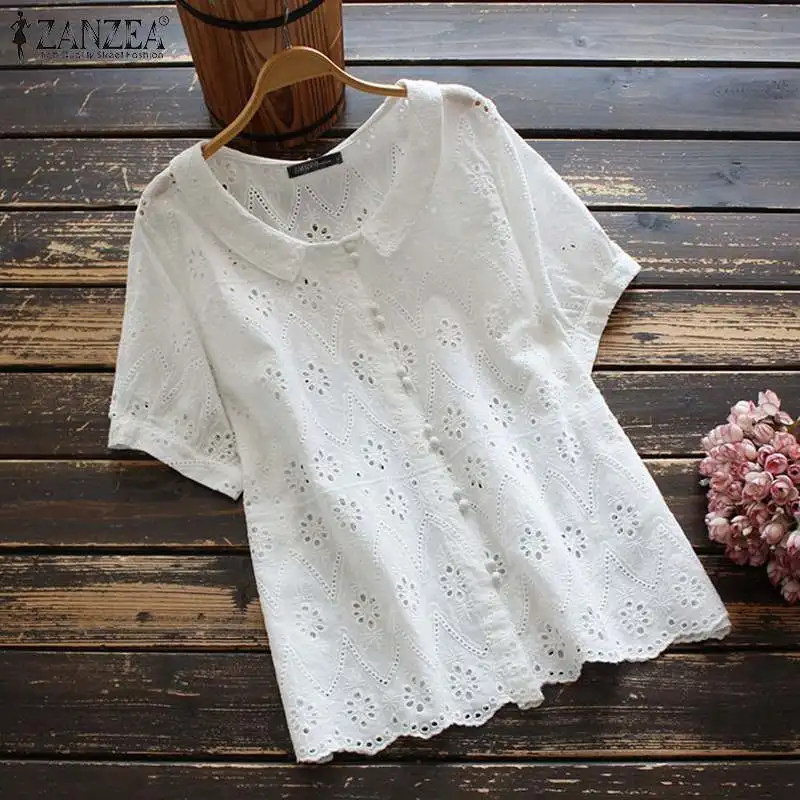 Bohemian Lace Top Women\'s Embroidery Blouses ZANZEA 2023 Casual Short Sleeve Blusas Female Button O Neck Tunic Oversized Chemise