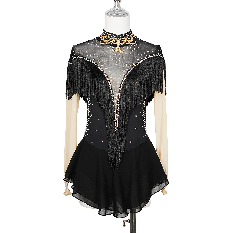 ZAGITOVA Eiskunstlaufkleid für Damen und Mädchen, langärmelig, Eislaufrock, glänzender Strass-Mesh-Rock, wunderschöne Quasten