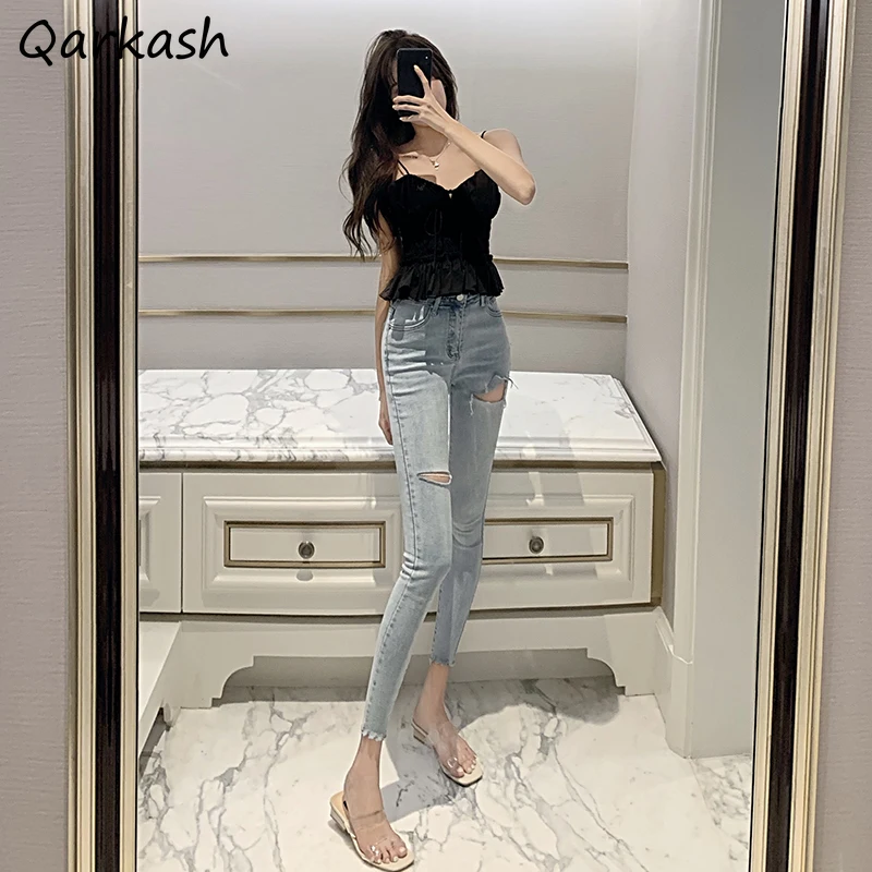 

Jeans Women Ankle Length Slim Hole Korean Style Streetwear Bottom High Waist All-match Femme Popular College Ins Vintage Leisure