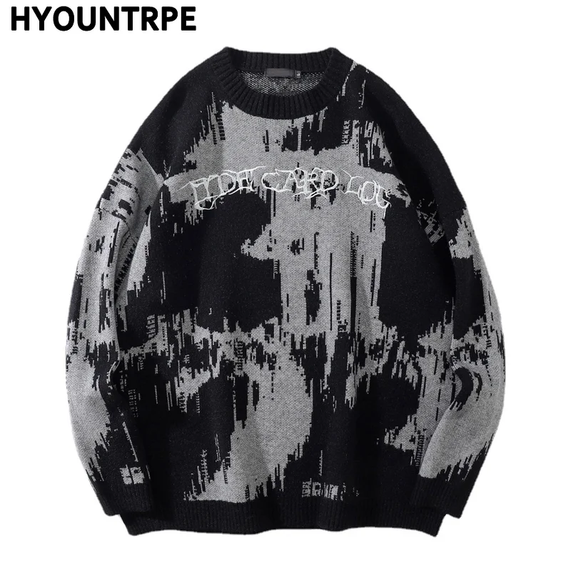 Hip-hopowe wyszywane litery dzianinowy typu oversize sweter męski nowy Casual O-neck z długim rękawem sweter Streetwear Unisex luźne swetry