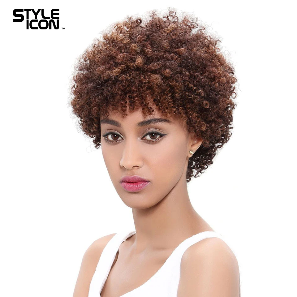 Wig Pendek Potongan Pixie Pendek Styleicon Wig Rambut Manusia Keriting Kinky Afro Brazil untuk Wanita Kulit Hitam Buatan Mesin