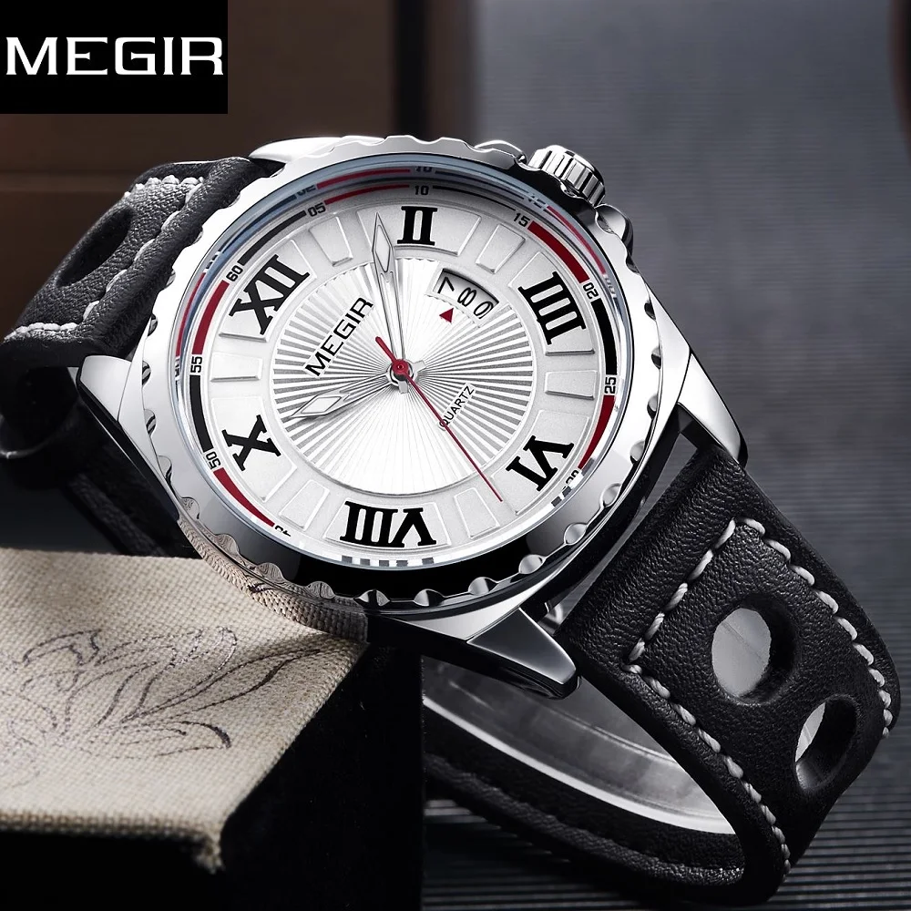 

Top Brand MEGIR Sport Men Watch Black PU Band Quartz Watches Men Clock Time Fashion Army Military Wristwatches Erkek Kol Saati