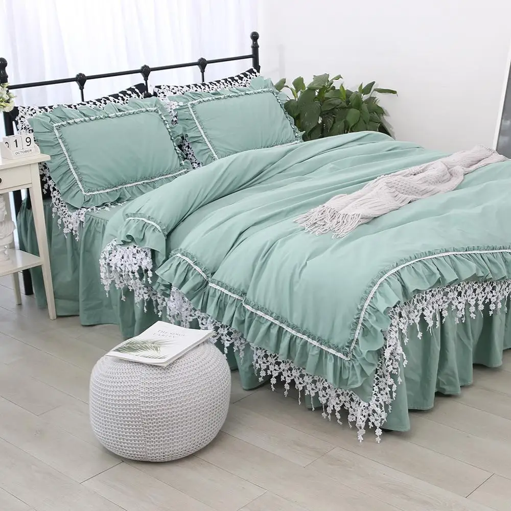 Free shipping 100%cotton Korean princess embedded in embroidered lace green bedding set twin full queen king size bed skirt YYX