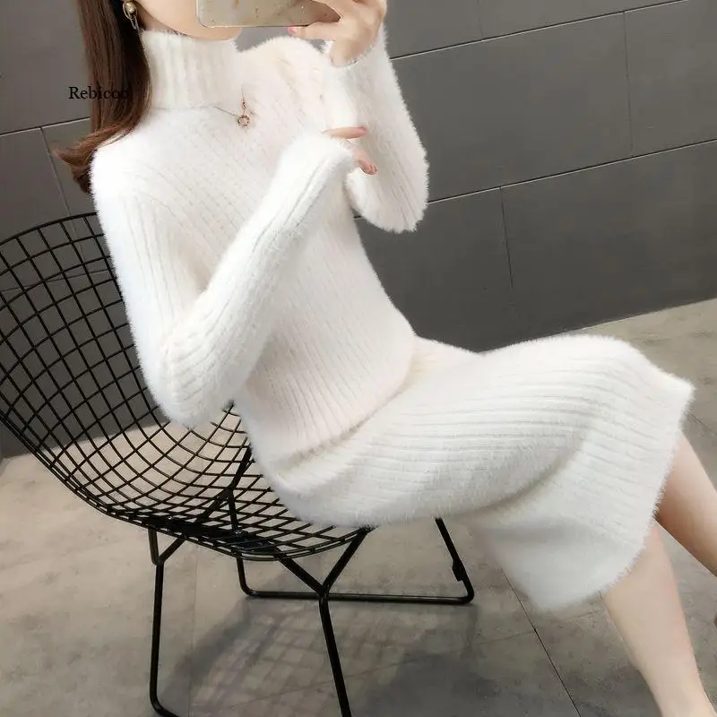 Turtleneck Long Sleeve Sweater Dress Women Autumn Winter Tunic Knitted Casual Pink Red White Black Clothes Solid Dresses