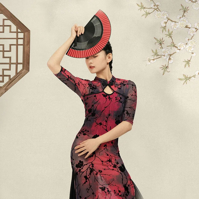 

Chinese Folk Dance Dresses for Women Classical Dancing Practice Costume Elegant Ladies Embroidery Cheongsam Performance Outfits