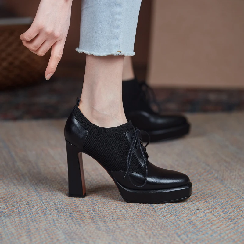 MORAZORA-Chaussures à talons hauts en cuir véritable pour femmes, escarpins à lacets, chaussures à plateforme, chaussures de soirée, noir, marron, mode, nouveauté, 2024