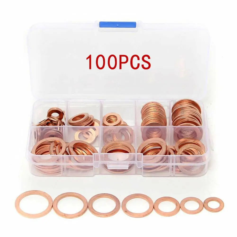 100PCS Copper Washer M4 M5 M6 M8 M10 M12 M14 Washers Seal Ring Set for All Types Of Engines Hardware Accessories Tools