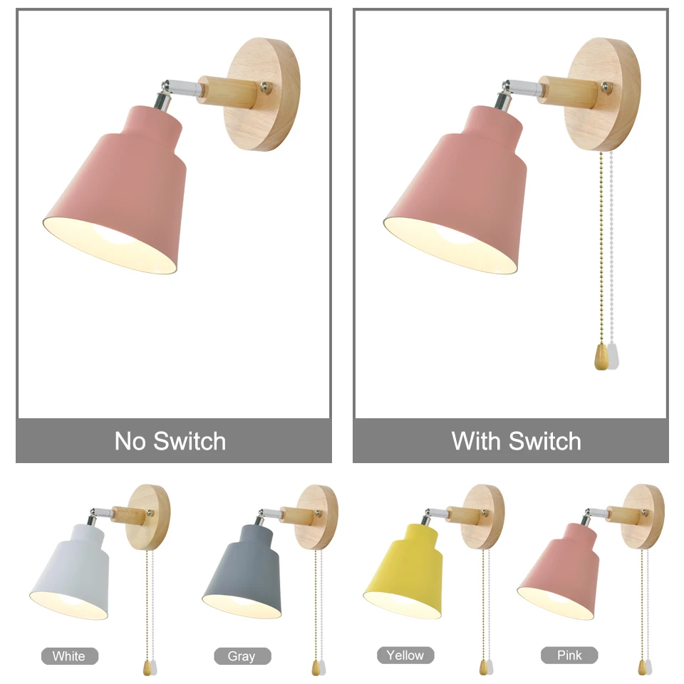 Nordic Wall Lamps With Switch Bedside Wall Lamps Modern Wooden Bedroom Bracket Steering Head Wall Sconce E27 Home Light