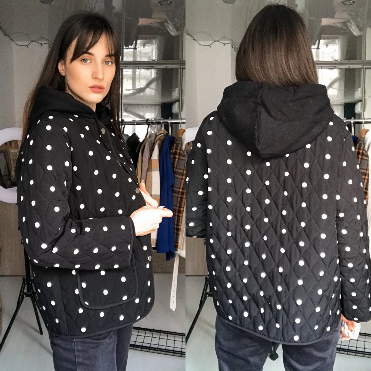 Sweet Polka Dot Short Cotton Coat for Women, Button Up Jacket, Loose Parkas, Round Collar Overcoat, Full Sleeve, New, 2023