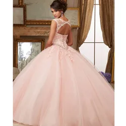 Customized Rosa Puffy barato Quinceañera vestidos vestido de baile mangas tul encaje cuentas cristales dulce 16 vestidos