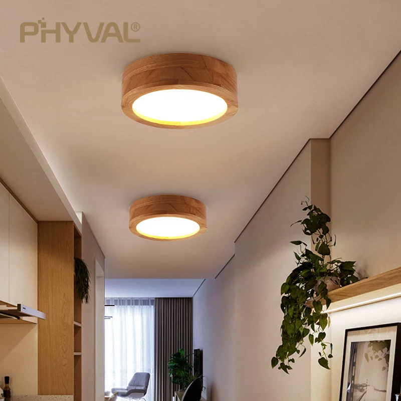 PHYVAL Nordic Natural wood Lamp modern Ceiling Lightsentrance hallway Light Round Wooden Surface Mounted balcony LED BedroomLamp