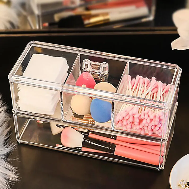 1/2 Layer Makeup Organizer Cosmetic Storage Box Cotton Pad Holder Storage Container with Lid Acrylic Makeup Brush Holder