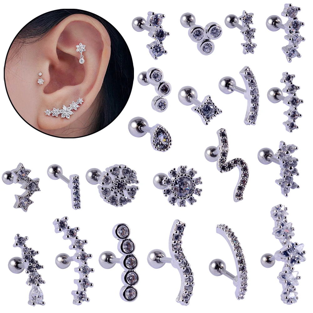 1PC 361L Surgical Steel Ear Tragus Cartilage Piercing CZ Gem Cartilage Helix Lobe Conch Piercing Earrings Daith Piercing Jewelry