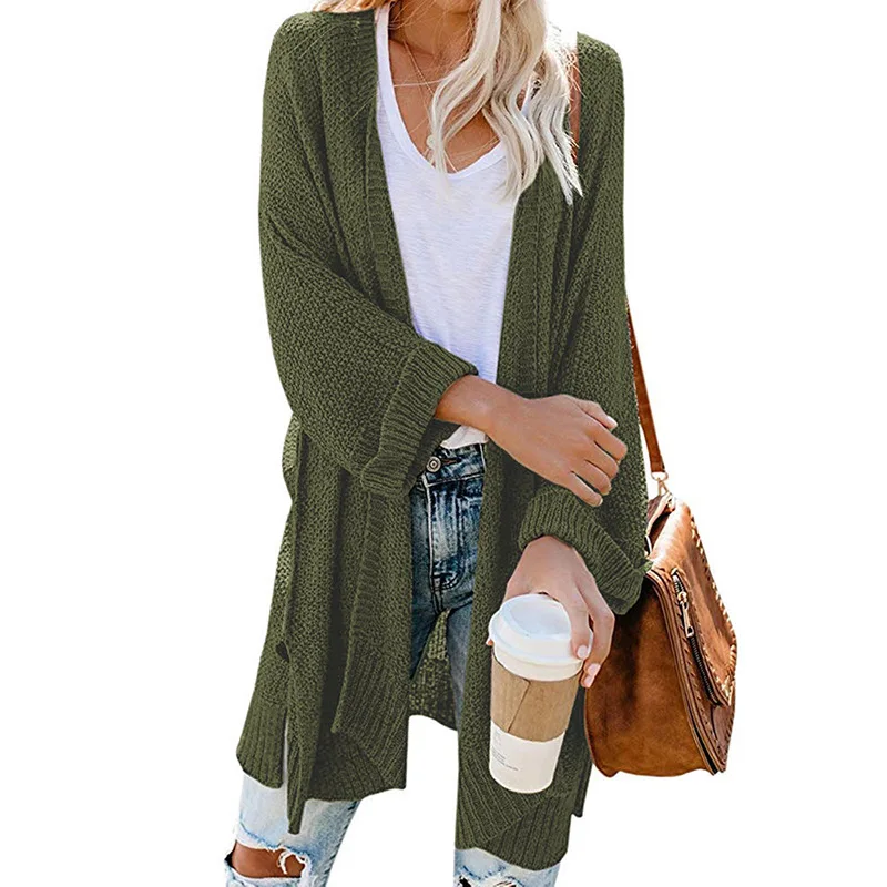 Long Cardigan Sweaters Tops Women 2020 New Autumn Knit Loose Casual Solid Color V-neck Lantern Sleeves bat Sleeves Jacket