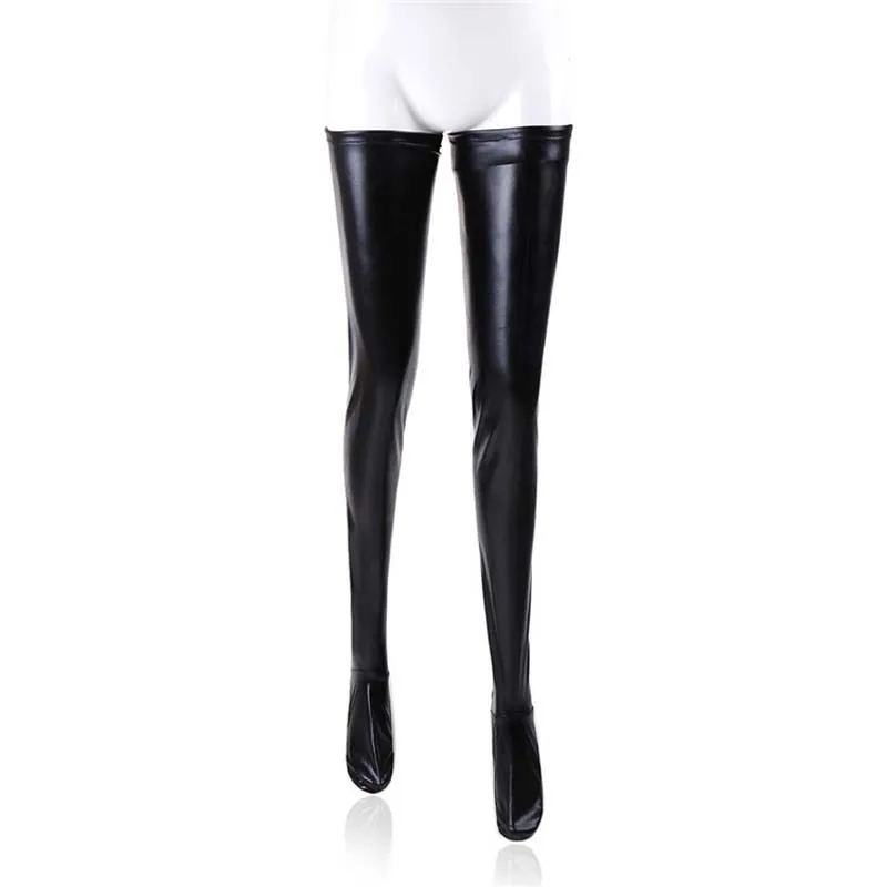 Sexy Black Faux Leather Fetish Wet Look Metallic Thigh-Highs Thigh High Stockings with Non-Slip Stay Up Plus Size