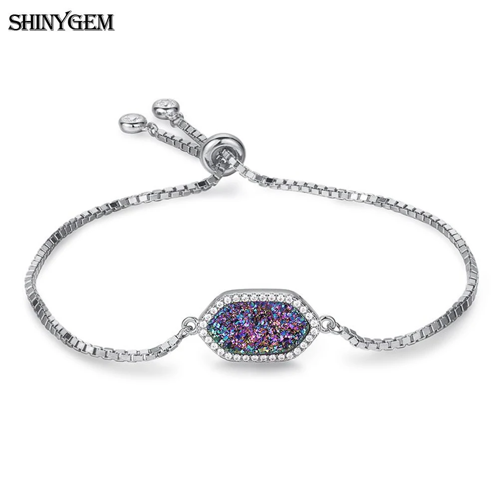 

ShinyGem Trendy Hexagonal Natural Druzy Crystal Bangle 925 Silver Chain Zircon Charm Minerals Geode Gem Stone Bracelet For Women