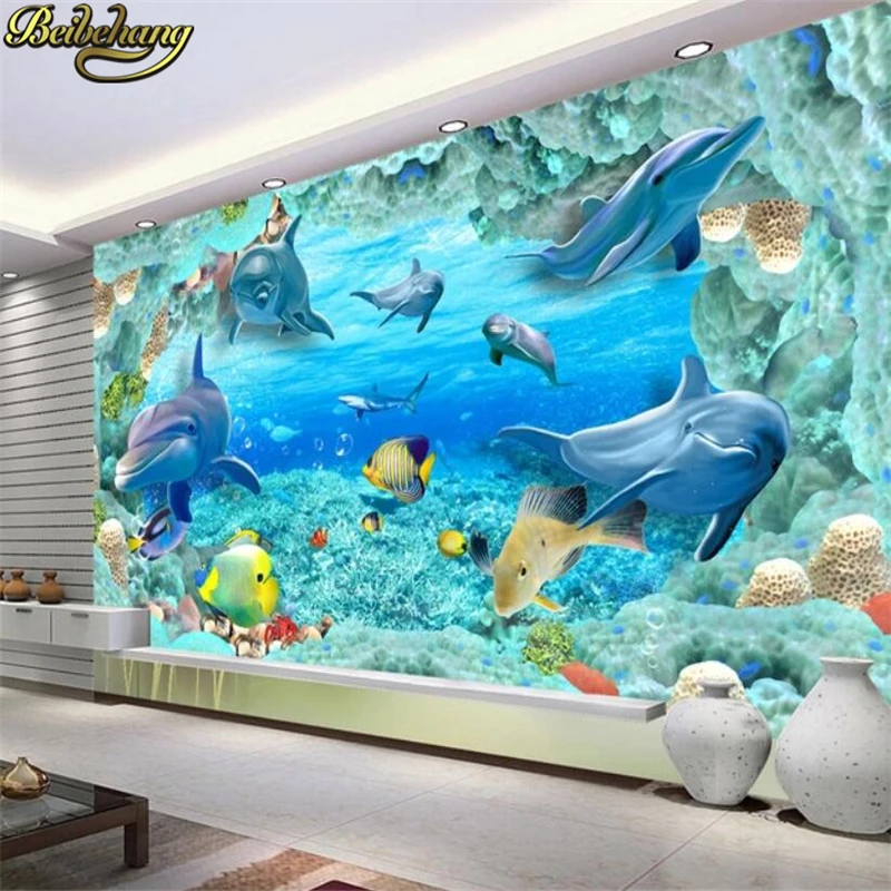 beibehang Custom 3D Mural Wallpaper For Kid Underwater Dolphin Fish Wall Paper Aquarium Wall Background Room Kids' Bedding Room