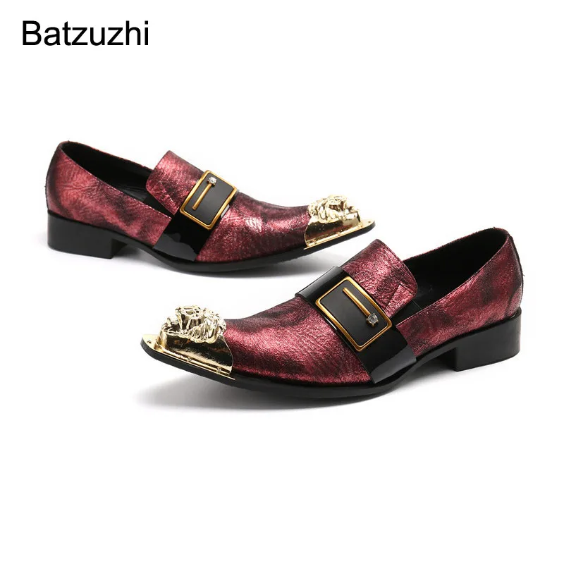 

Batzuzhi New Handmade Men's Leather Dress Shoes Pointed Golden Metal Toe Fashion Business, Party and Wedding Shoes Men, Big Size