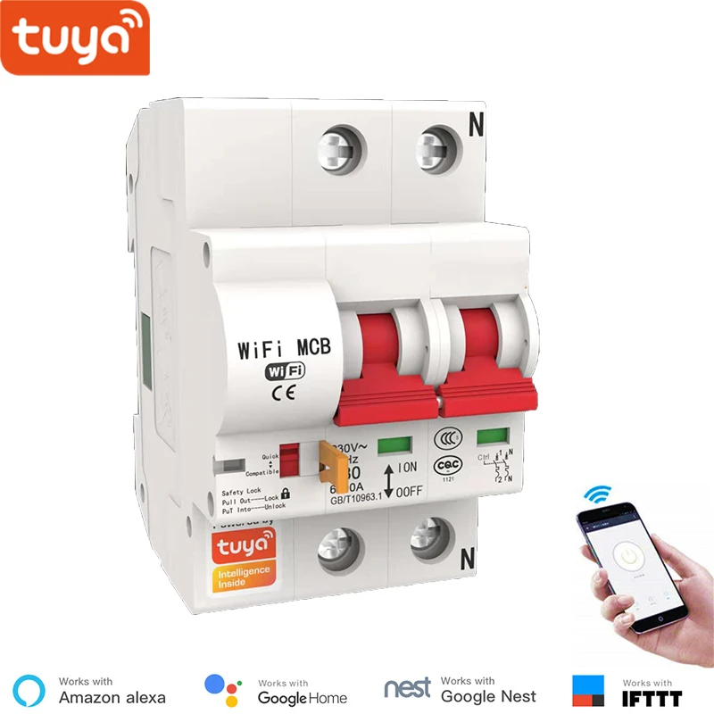 Tuya Smart WiFi Circuit Breaker 2P  Automatic Switch Overload Short Circuit Protection Alexa Google Home Compatible Smart Life