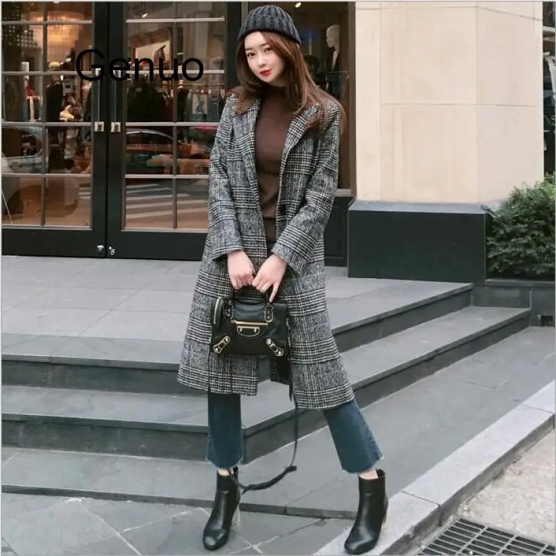 Frauen Wolle Mantel Plaid Frauen Lose Lange Einreiher Woolen Mäntel Frühling Mantel Woolen Mantel Herbst Wolle Jacken Graben