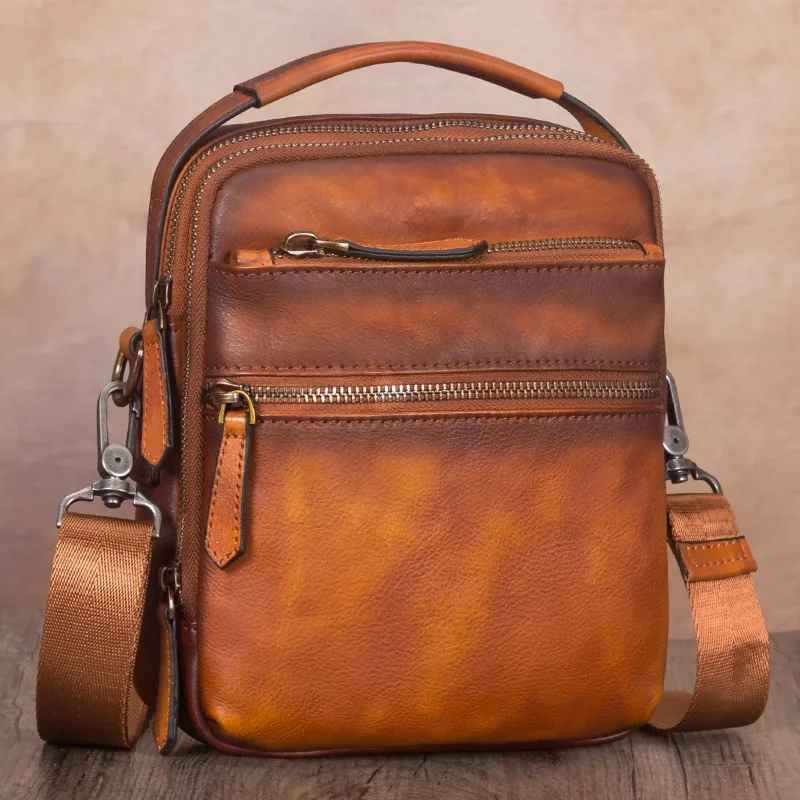 ★handmade leather bag men's bag leather messenger bag men's single shoulder bag men's handbag small bag head leather