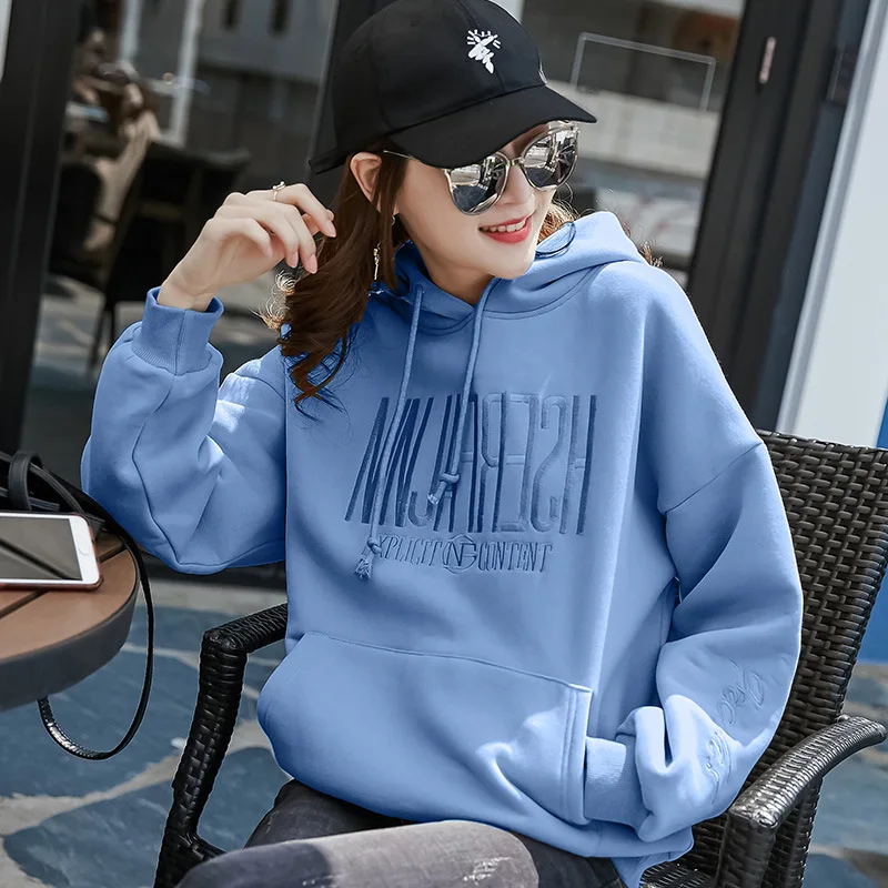 Autumn  Winter Explosion Letter Embroidery Velvet Female Hoodie Loose Sweet Casual Letter Embroidery Women Sweatshirt