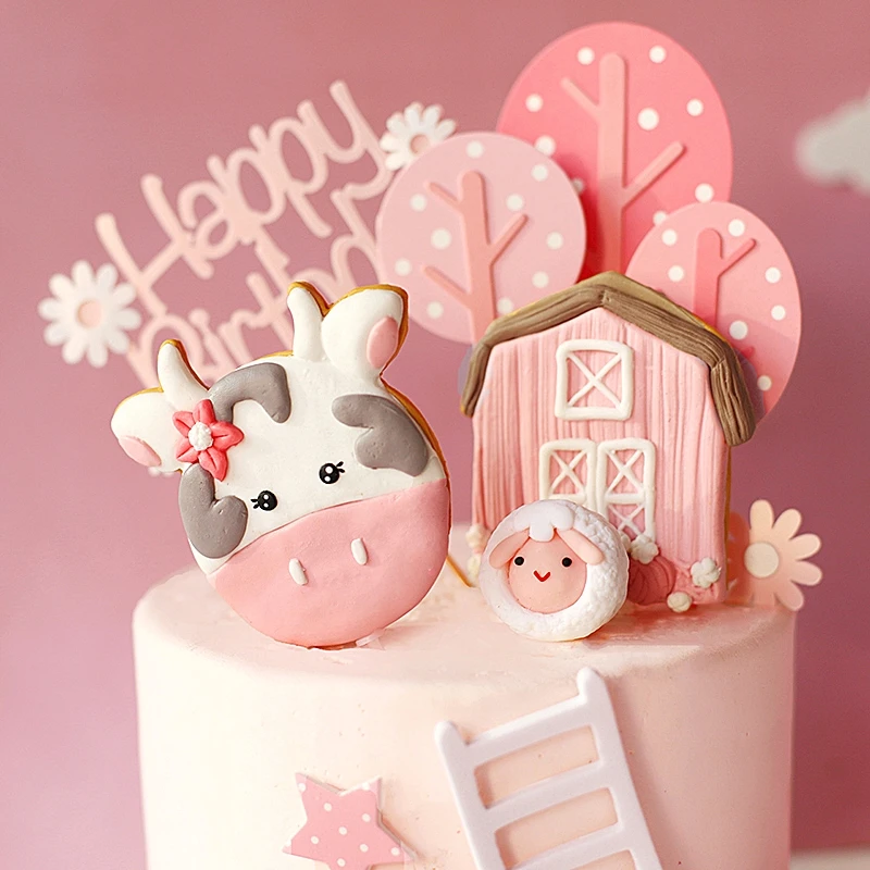 Farm Animal Cake Decoration Cows Sheep Pig Acrylic Ladder Happy Birthday Flags Cake Topper For Baby Shower Birthday Party Decor