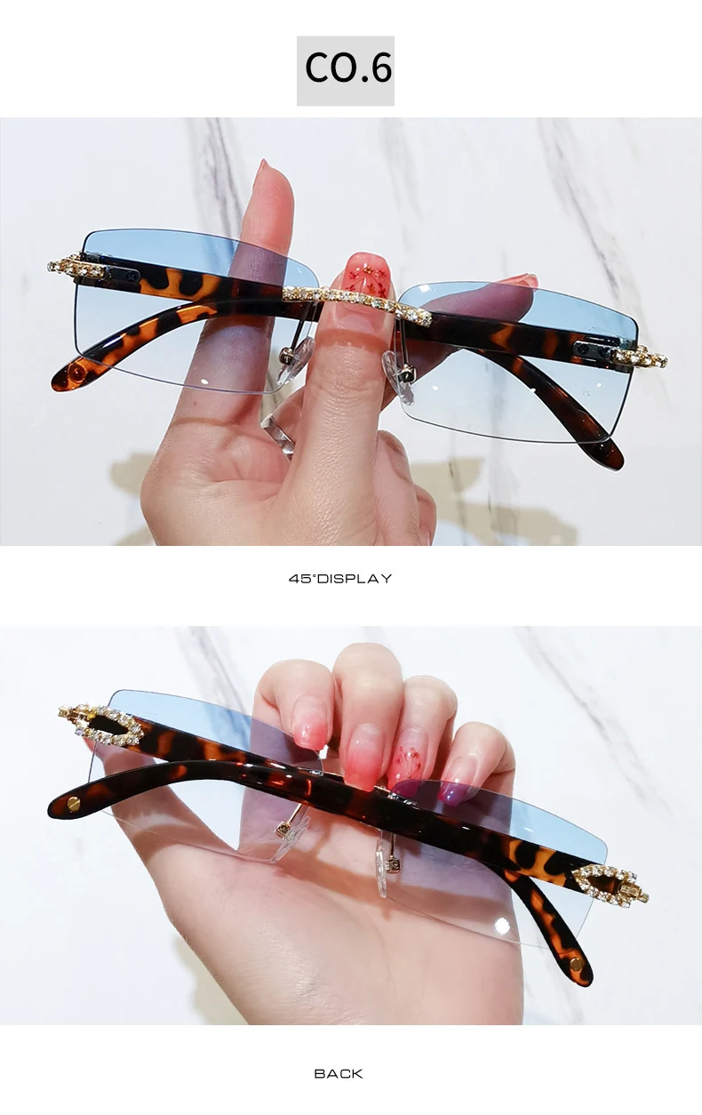 OEC-MANAGEMENT CPO Randlose Diamant Sonnenbrille Frauen Vintage Rechteck Sonnenbrille Weibliche Shades Strass Platz Brillen Gradient Farben – Detail 11