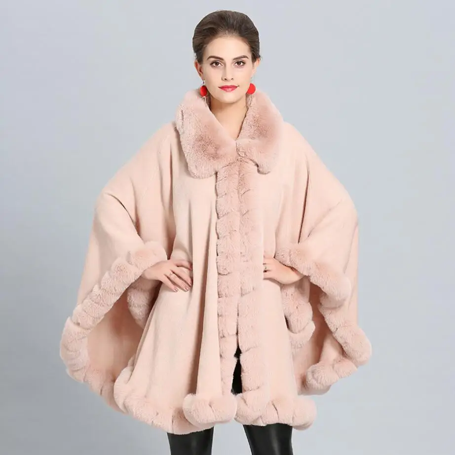 

Fashion Luxury Handwork Rex Rabbit Fur Cardigan Coat Cape loose Long Cashmere Shawl Full Trim Faux Fur Cloak Lapel coat r1783