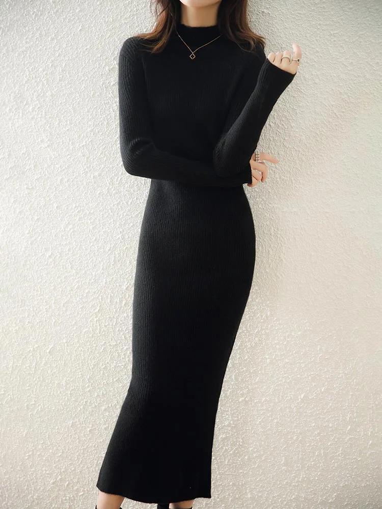 LONGMING Women Knitted Dress 100% Wool Sweater Dress Autumn Winter Slim Knit Maxi Long Sweater Dress Lady Pullover Dresses Solid