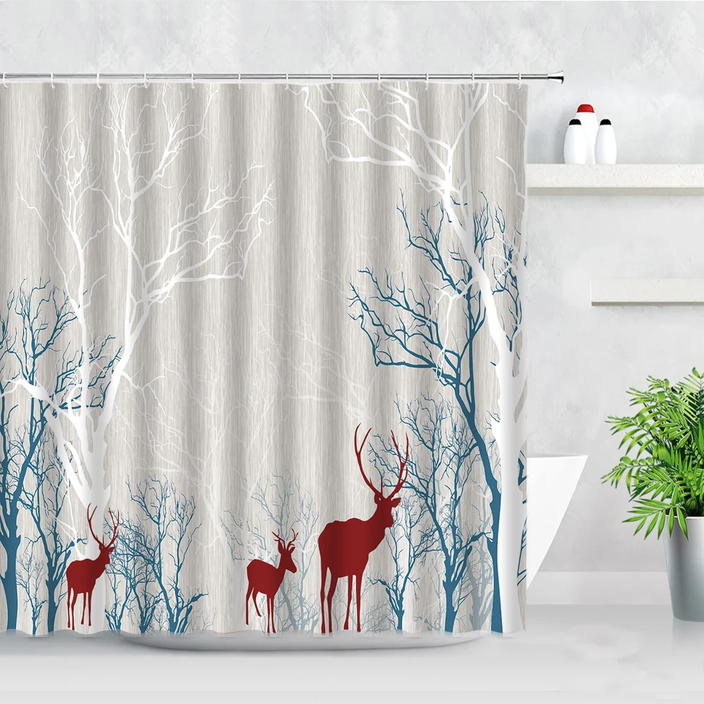 Landscape Shower Curtain Set Forest Elk Birds Nordic style Modern Home Wall Background Decor Waterproof Fabric Bathroom Curtains