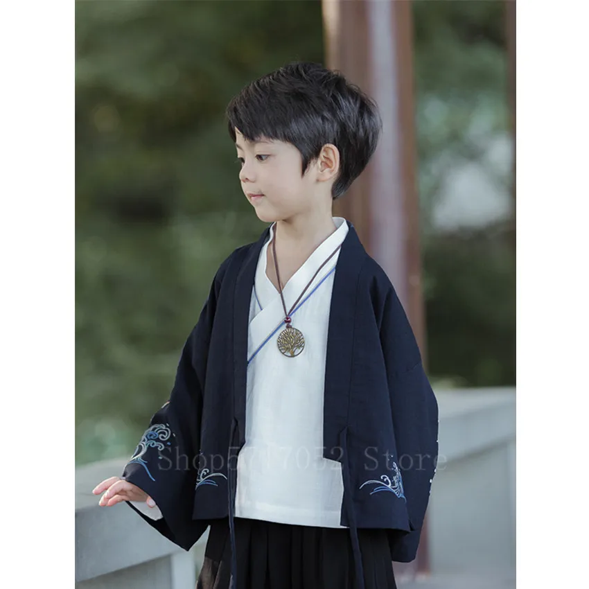 Asian Japanese Style Traditional Clothes Kimono Set Boy Fancy Streetwear Breathable Yukata Embroidery Fashion Hanfu Loose Outfit