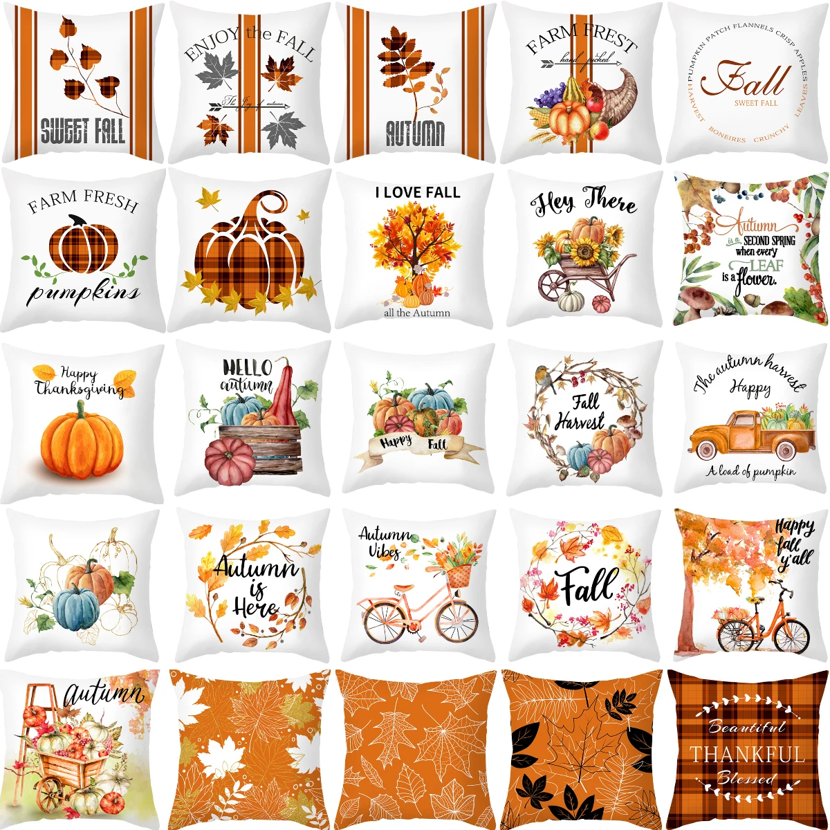 2021 New Farmhouse Autumn Decorative Pillowcase Polyester Maple Pumpkin Floral 48 Patterns Print Simple White Sofa Cushion Cover