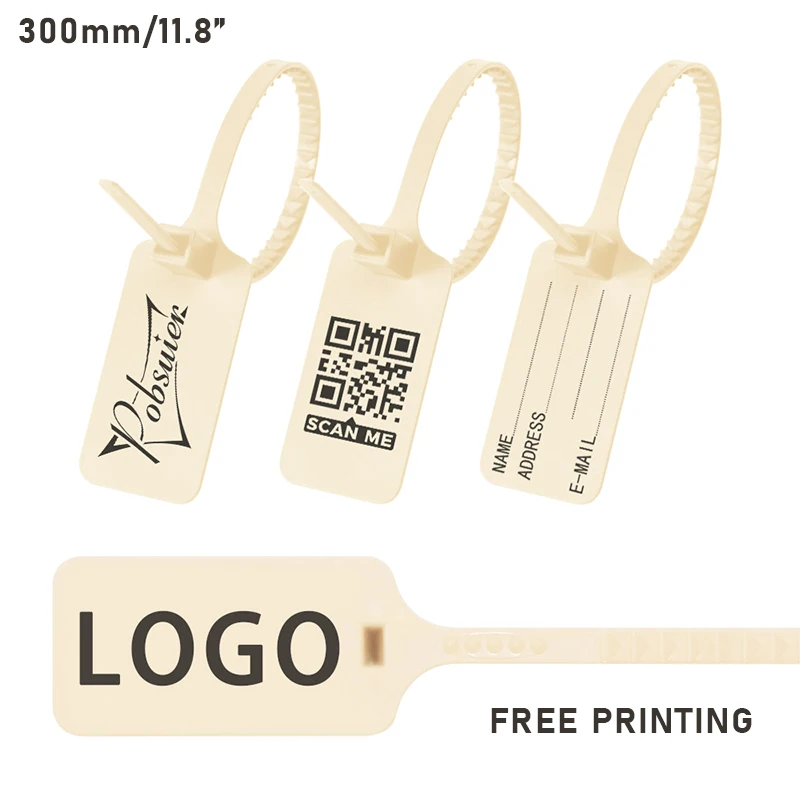 100 pz marchio personalizzato Logo Tag Zip cravatte Off appendere etichette sigilli di sicurezza in plastica bianca abbigliamento abbigliamento