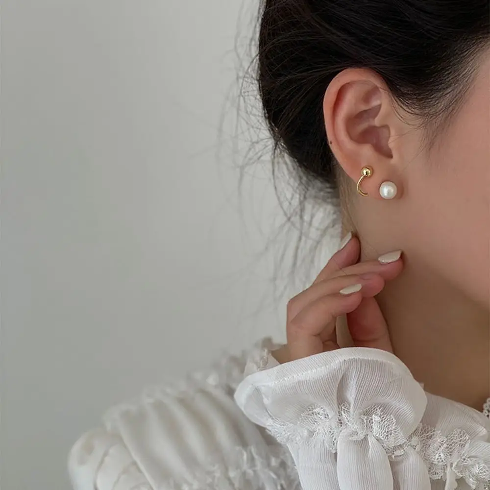 Sweet Elegant Alloy Women C Shape Double Layer Mental Hoop Earrings Pearl Earrings Female Stud Earrings Korean Style Earrings