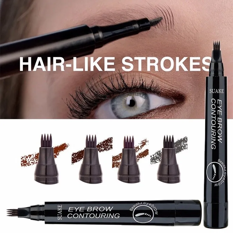 4 Colors Eyebrow Pen Waterproof 4 Fork Tip Eyebrow Tattoo Pencil Long Lasting Natural Dark Brown Liquid Eye Brow Pencil